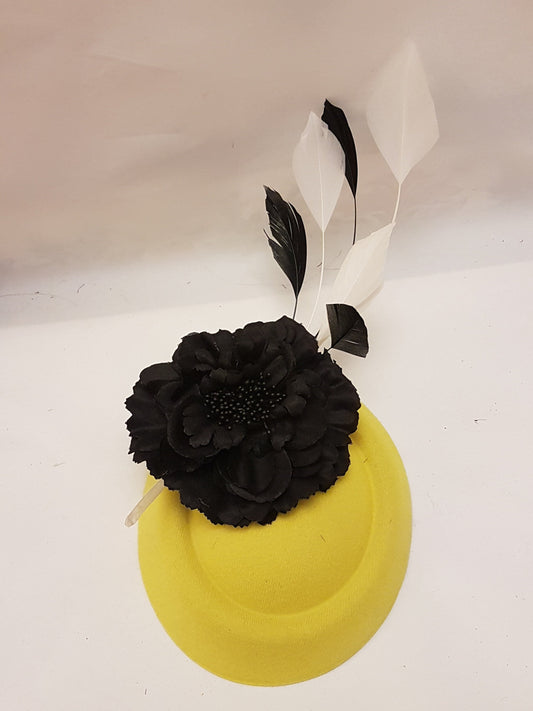 Yellow Fascinator Hat: Black Flower & Feathers, Ascot Race Day Headpiece