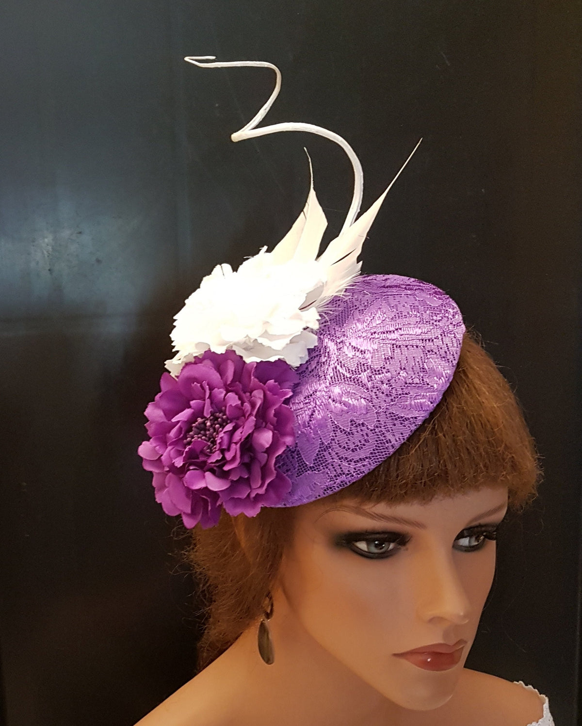 Purple Lace Fascinator Hat, Flower & Quill Feather, Ascot Races