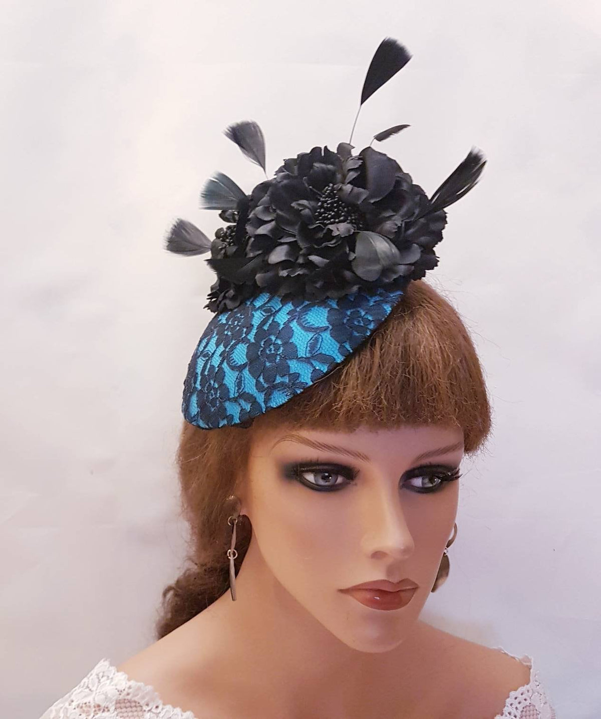Turquoise Blue Lace Fascinator: Black Feathered Flowers Ascot Hat