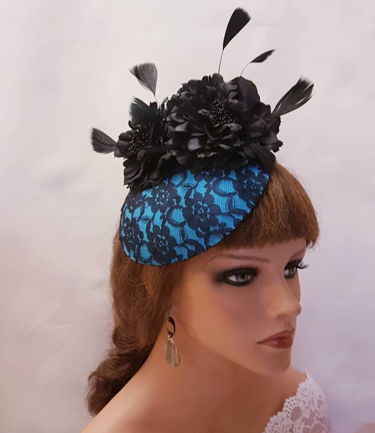 Turquoise Blue Lace Fascinator: Black Feathered Flowers Ascot Hat