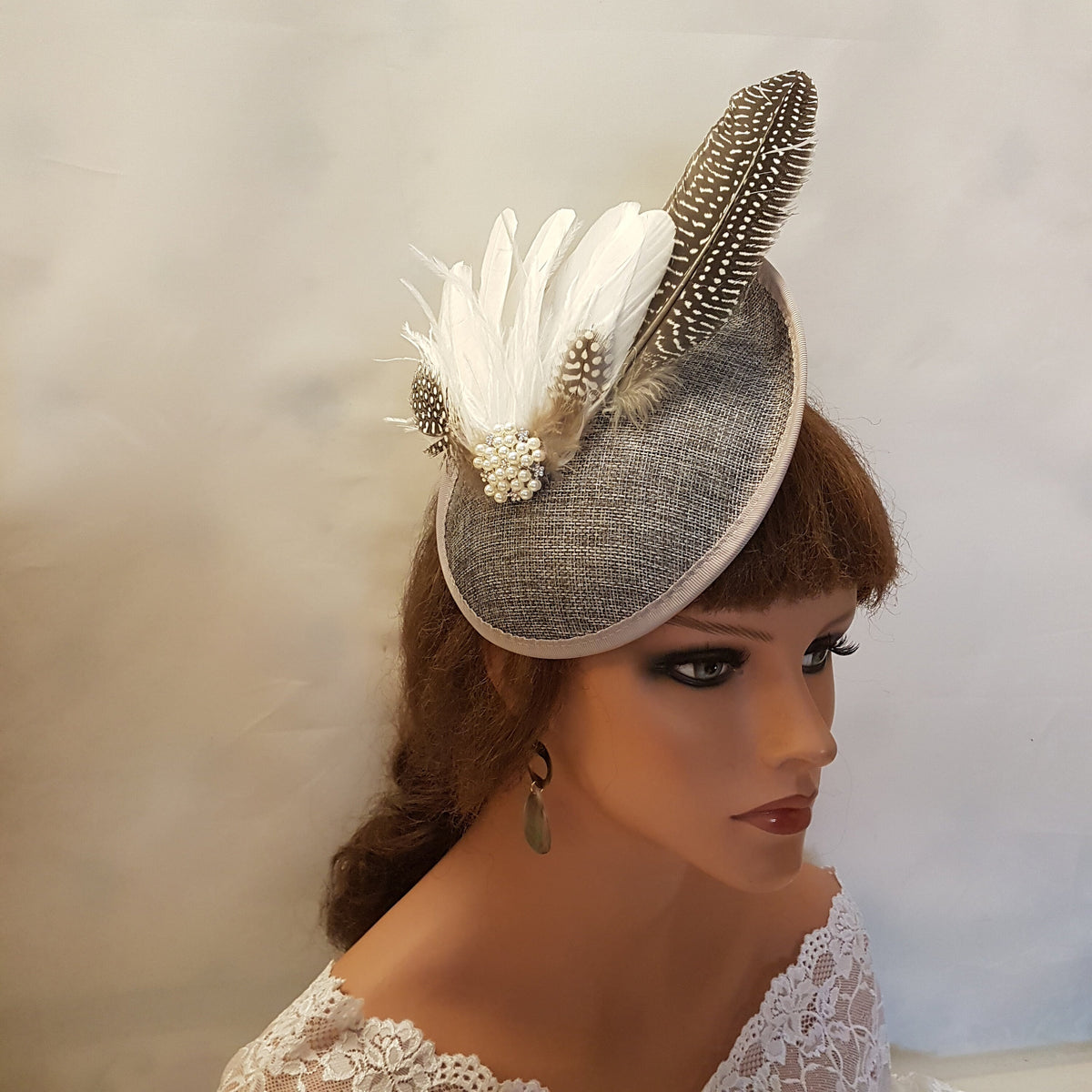 Dark Grey Feather Fascinator Hat: Vintage Wedding Ascot Headpiece
