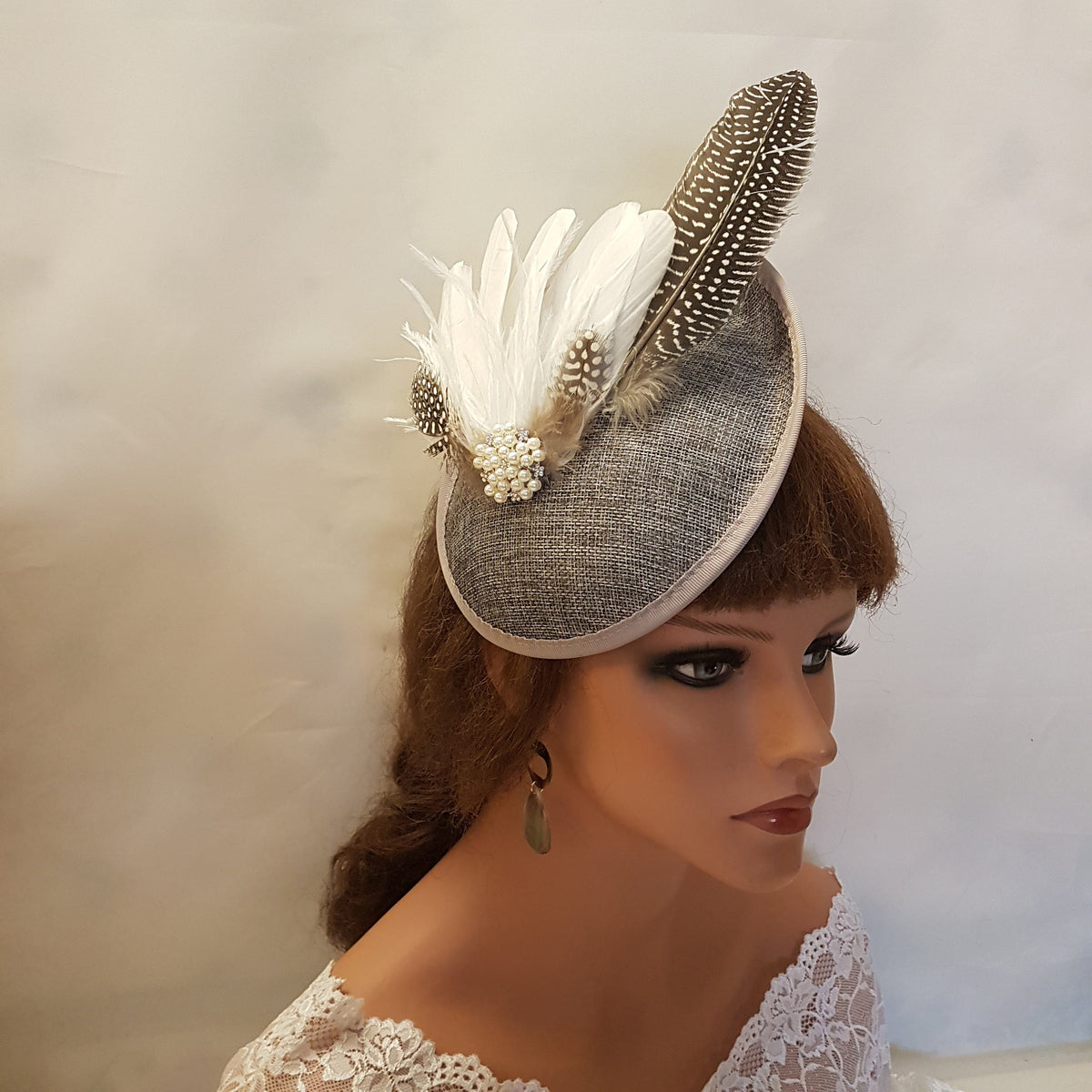Dark Grey Feather Fascinator Hat: Vintage Wedding Ascot Headpiece