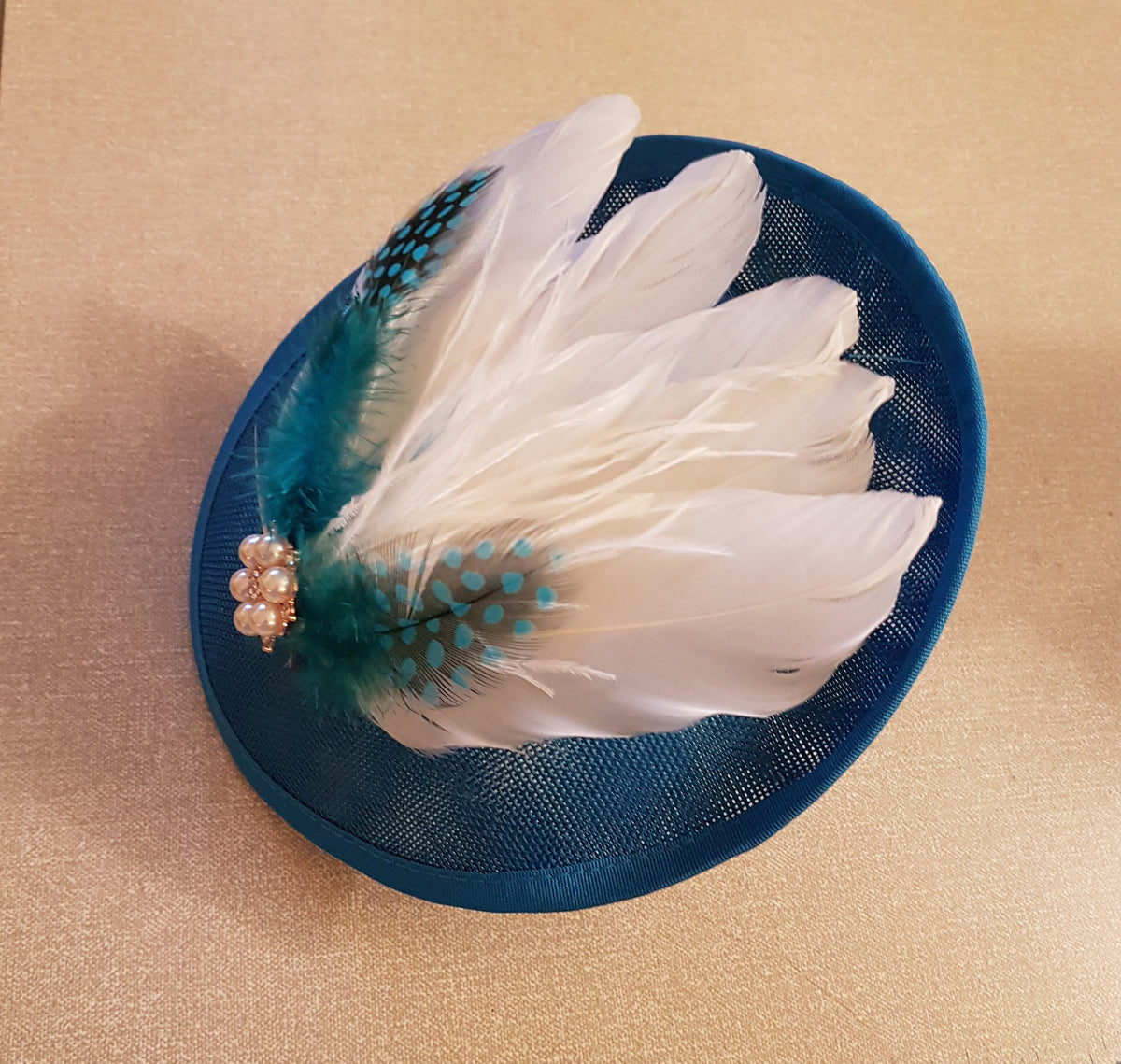 Handmade Feather Fascinator Hat: Pearl Flower, Wedding Occasion Headpiece