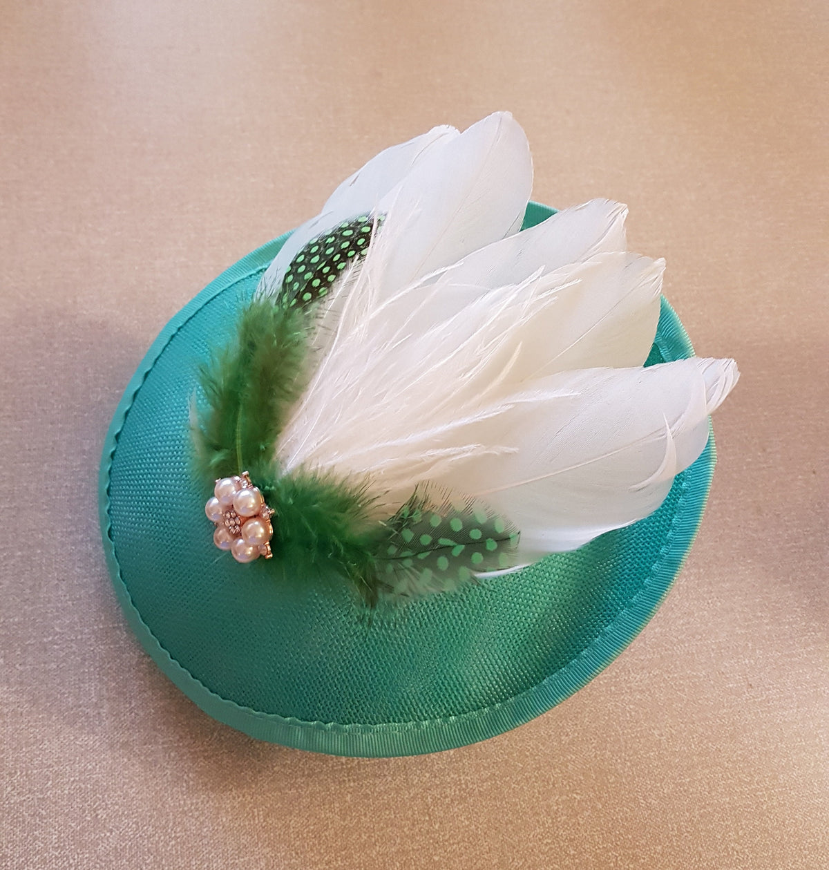 Handmade Feather Fascinator Hat: Pearl Flower, Wedding Occasion Headpiece