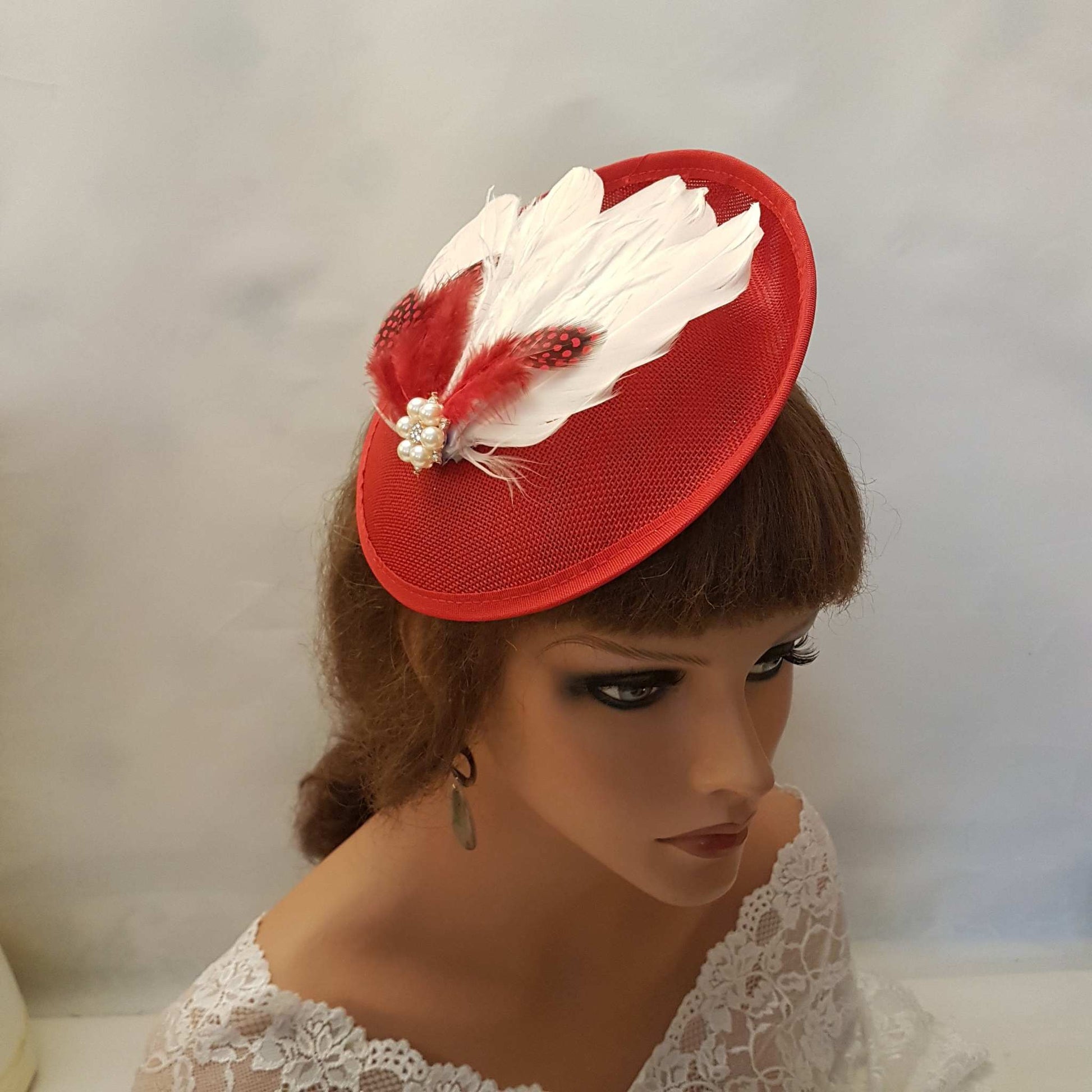 Red & White Feather Fascinator Wedding,Ascot,Races,Cocktail Party hat