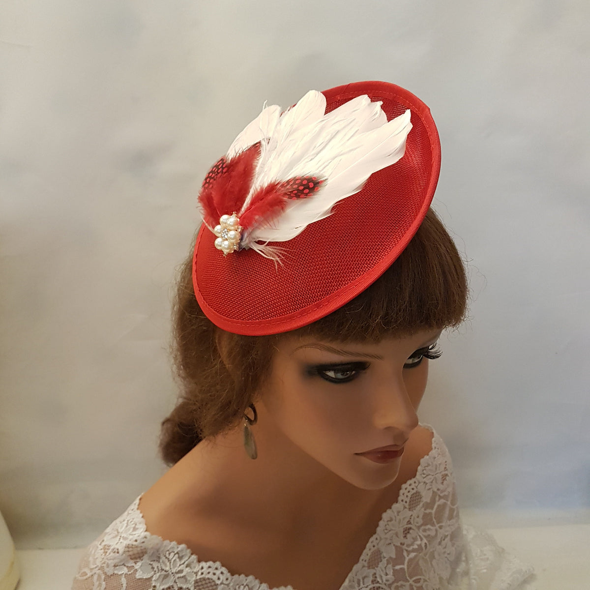 Red Feather Fascinator Hat: Vintage Style Wedding Ascot Headpiece