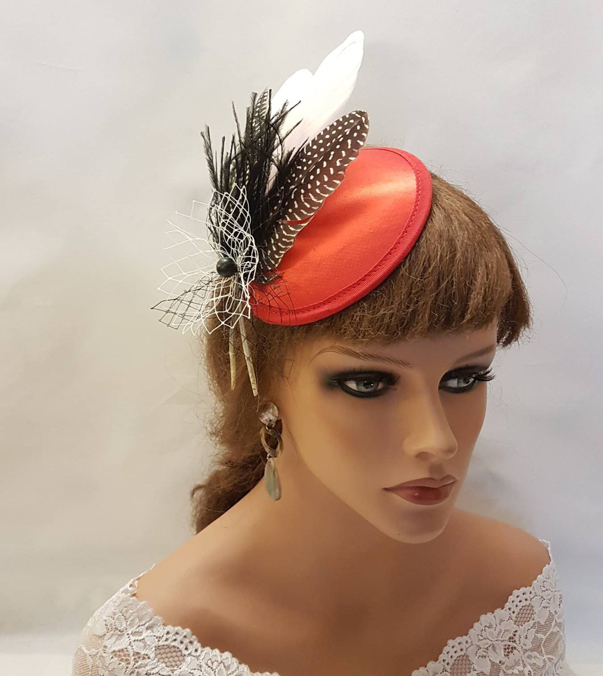 Red Feather Fascinator Hat: French Netting Ascot Headpiece