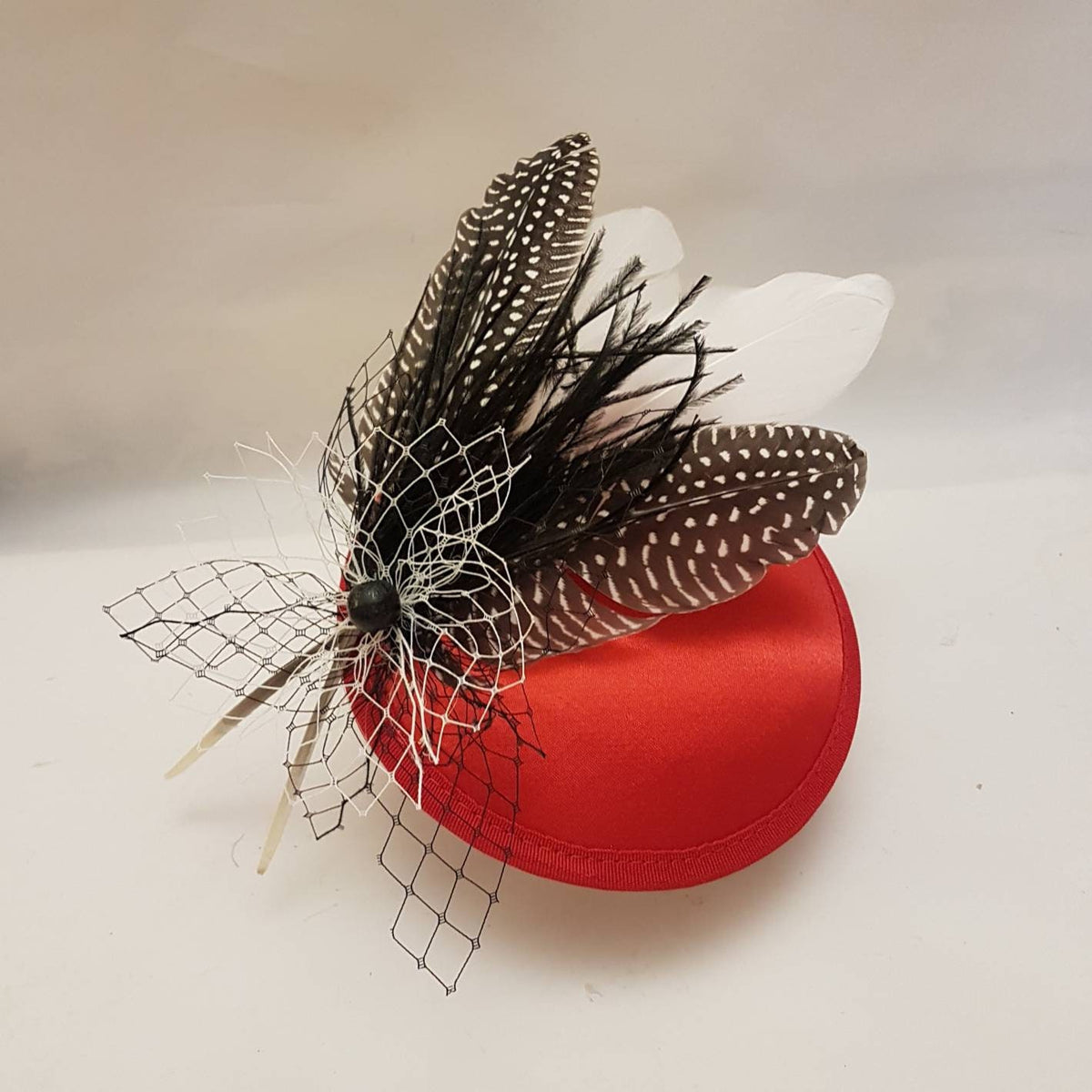 Red Feather Fascinator Hat: French Netting Ascot Headpiece