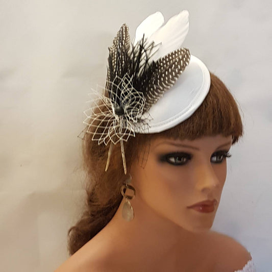 White Feather Fascinator Hat: Vintage Wedding Ascot Headpiece
