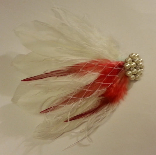 Red & White Feather Fascinator: Vintage Bridal Hair Clip