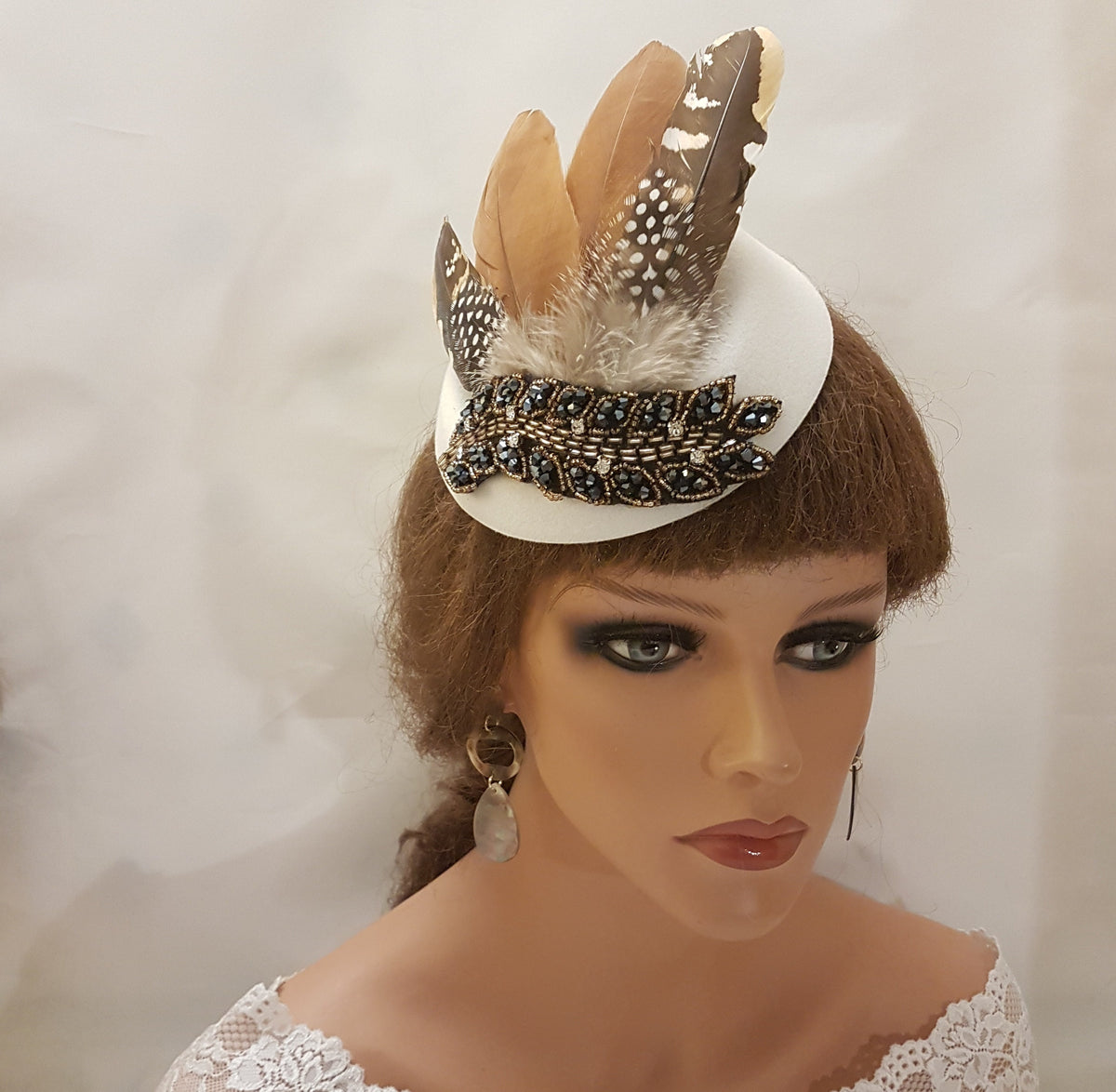 White Feather Fascinator: Crystal Beaded Ascot Hat