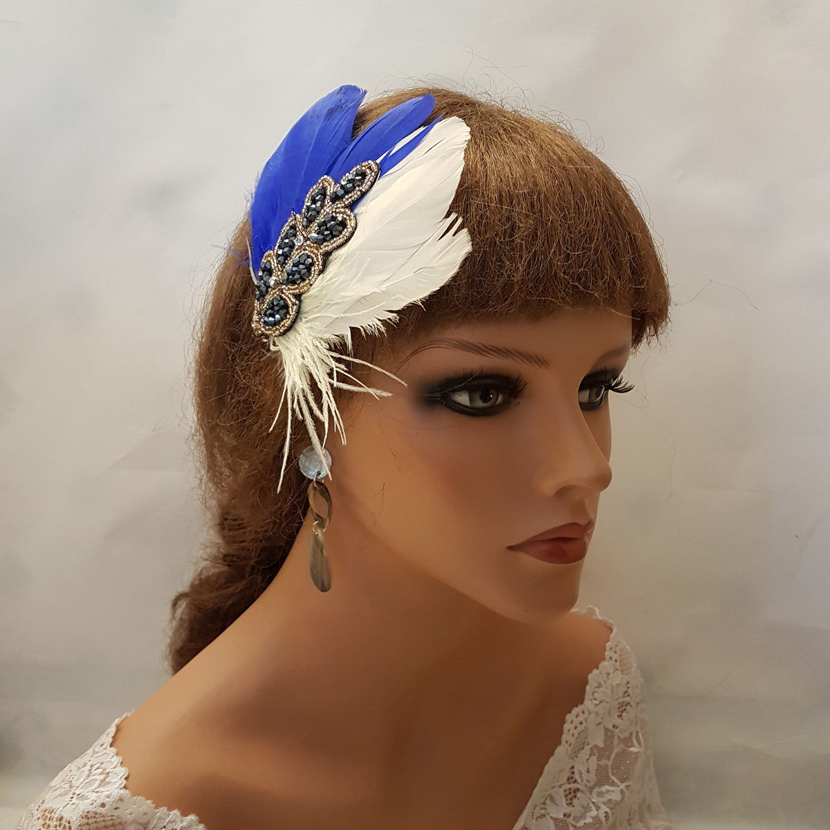Blue Feather Fascinator: 1920s Gatsby Crystal Hair Piece