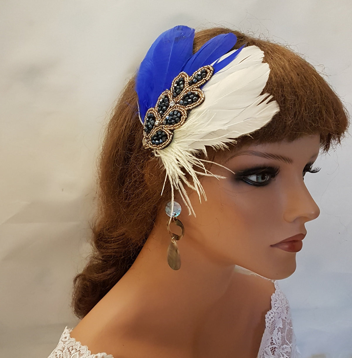 Blue Feather Fascinator: 1920s Gatsby Crystal Hair Piece