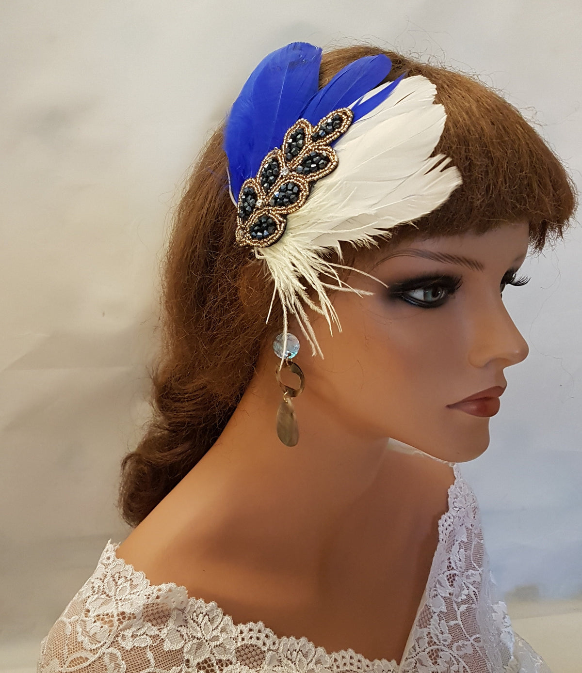 Blue Feather Fascinator: 1920s Gatsby Crystal Hair Piece