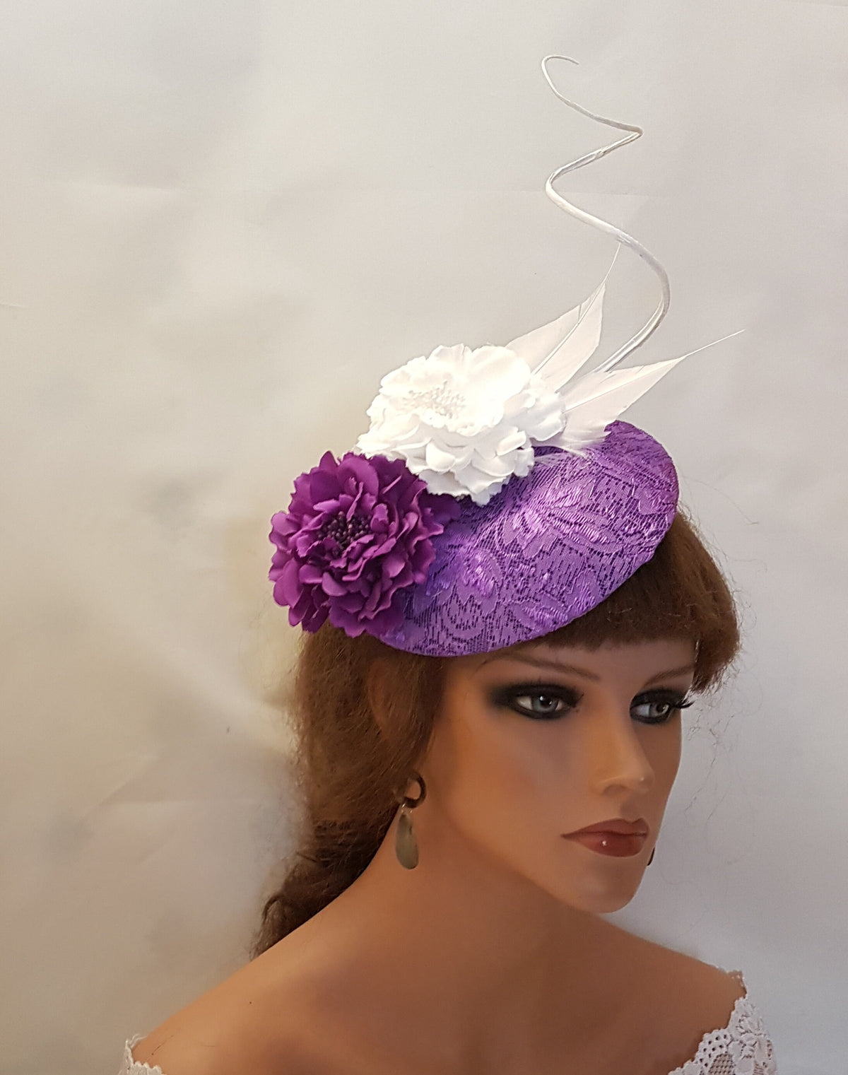 Purple Lace Fascinator Hat, Flower & Quill Feather, Ascot Races