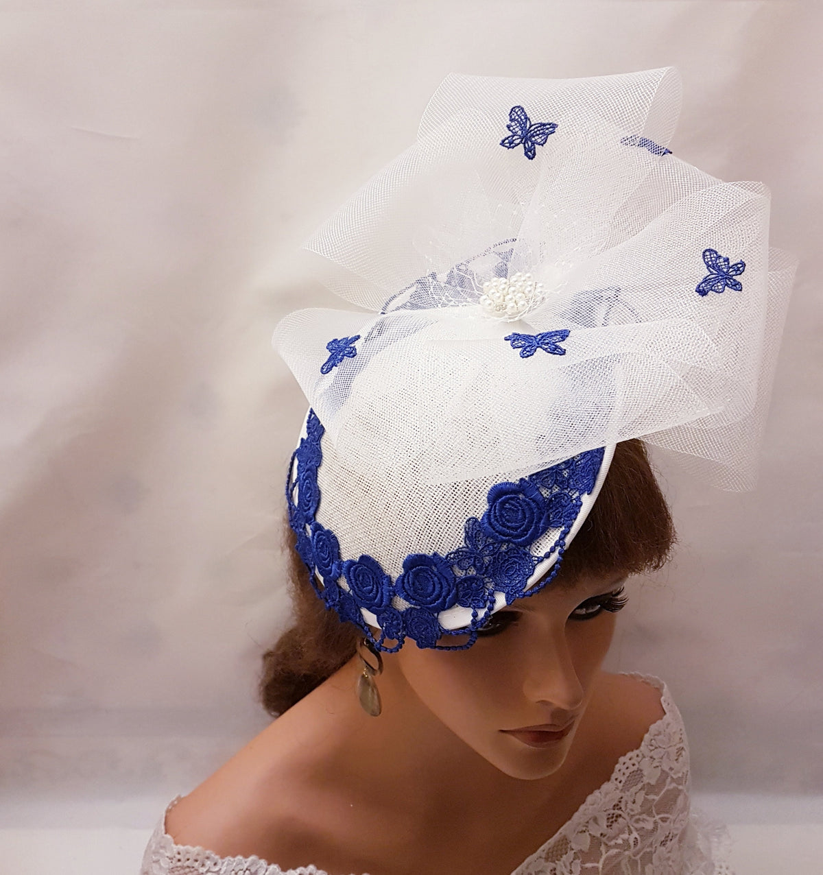 Ivory White Fascinator: Blue Floral Embroidery, Crinoline Bow, Pearl Jewel (Alice Band)