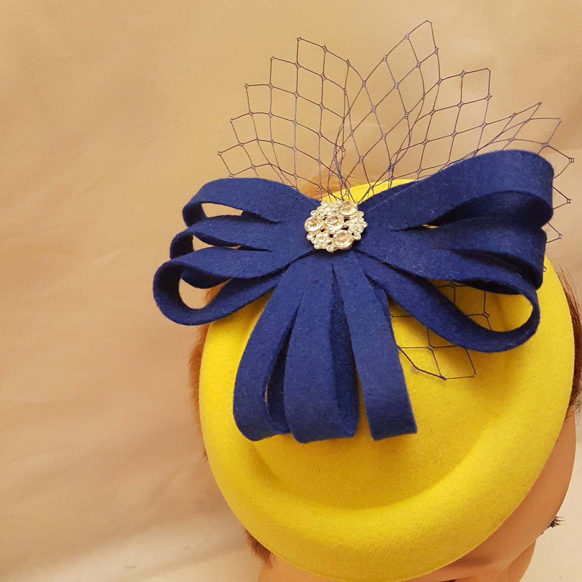 Yellow and blue Pillbox Hat Fascinator: Royal Blue and yellow headpiece. Wedding ,race cocktail party hat