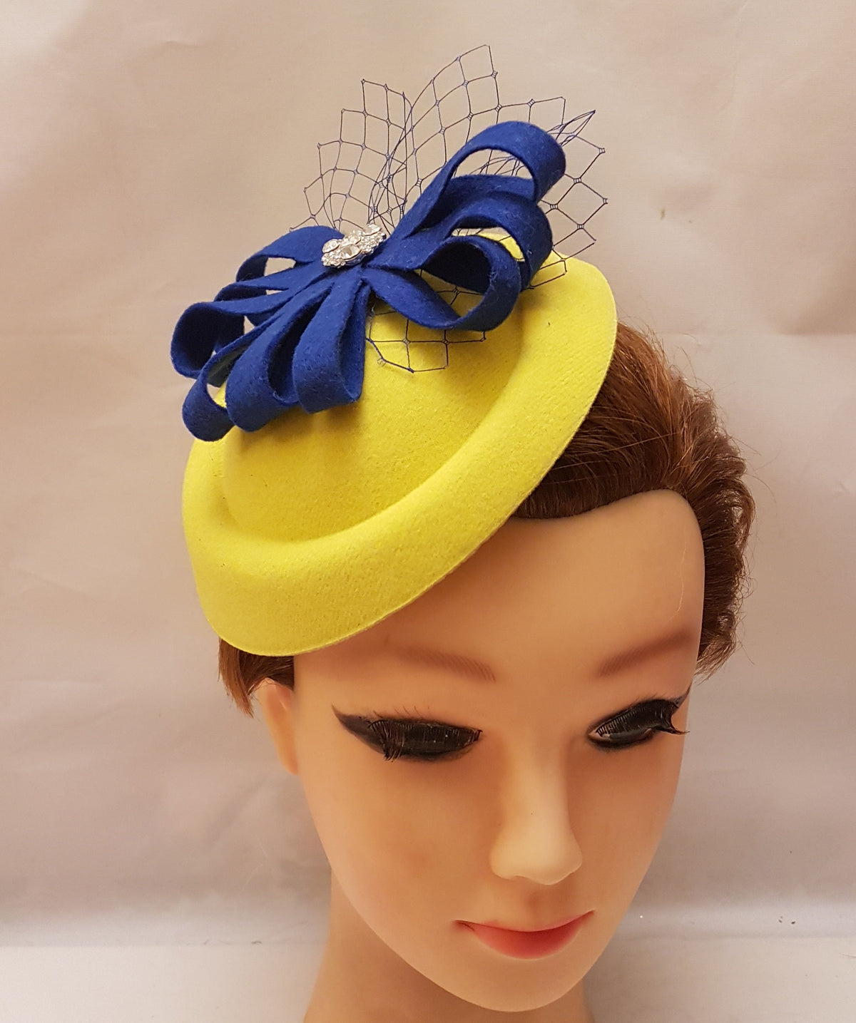 Yellow and blue Pillbox Hat Fascinator: Royal Blue and yellow headpiece. Wedding ,race cocktail party hat