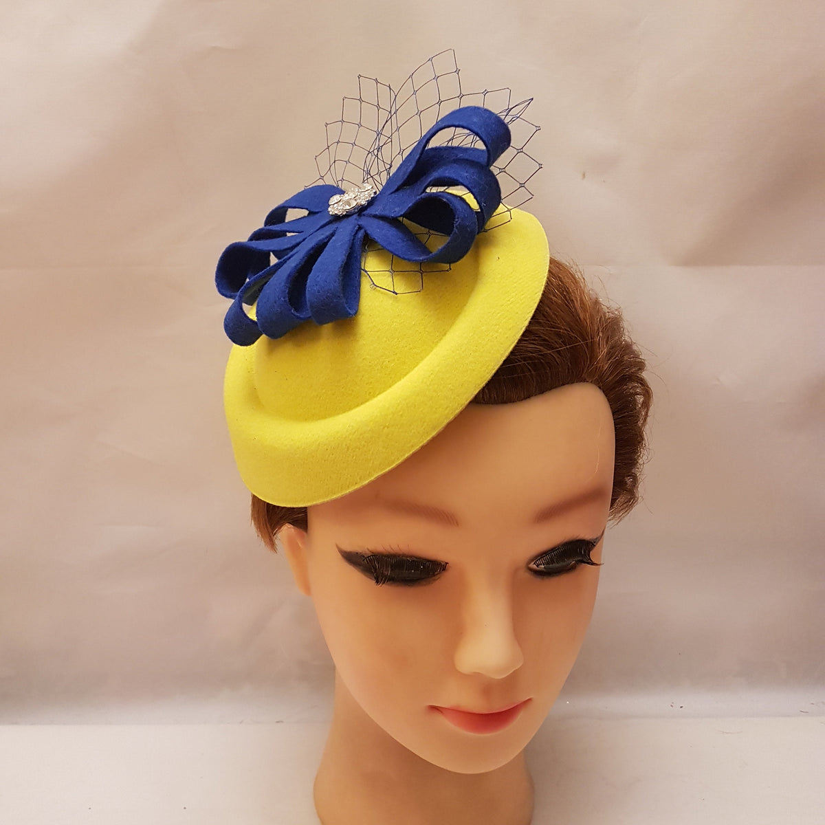 Yellow and blue Pillbox Hat Fascinator: Royal Blue and yellow headpiece. Wedding ,race cocktail party hat