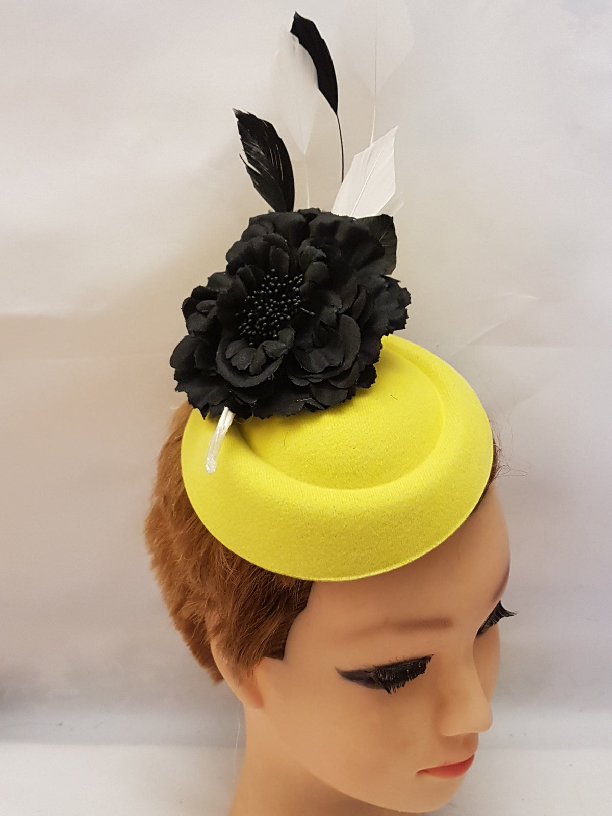 Yellow Fascinator Hat: Black Flower & Feathers, Ascot Race Day Headpiece