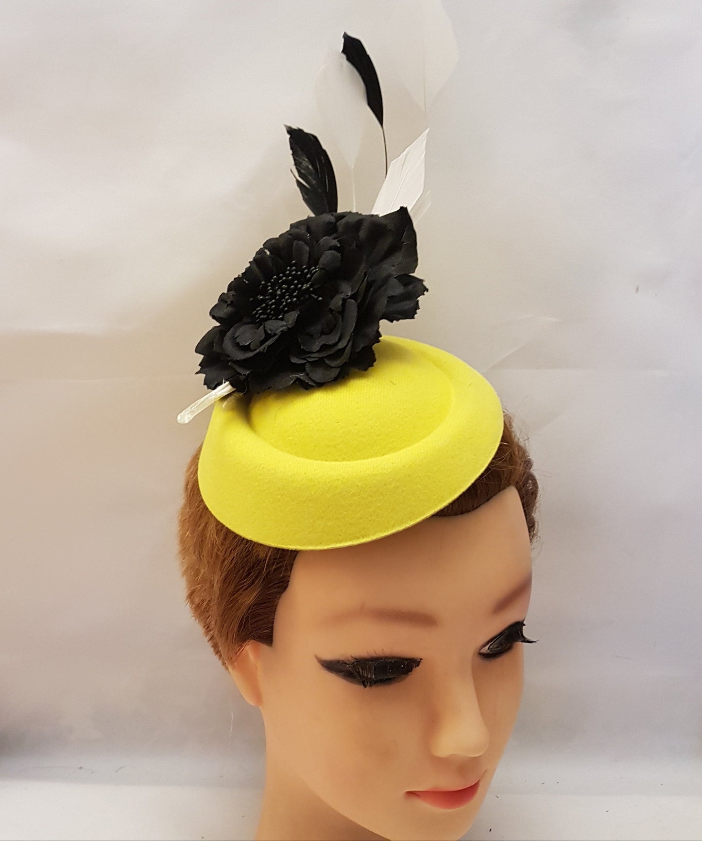 Yellow Fascinator Hat: Black Flower & Feathers, Ascot Race Day Headpiece