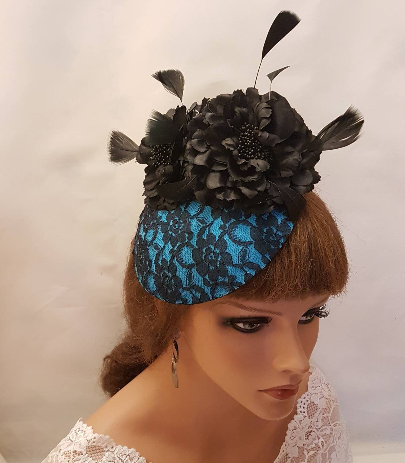 Turquoise Blue Lace Fascinator: Black Feathered Flowers Ascot Hat