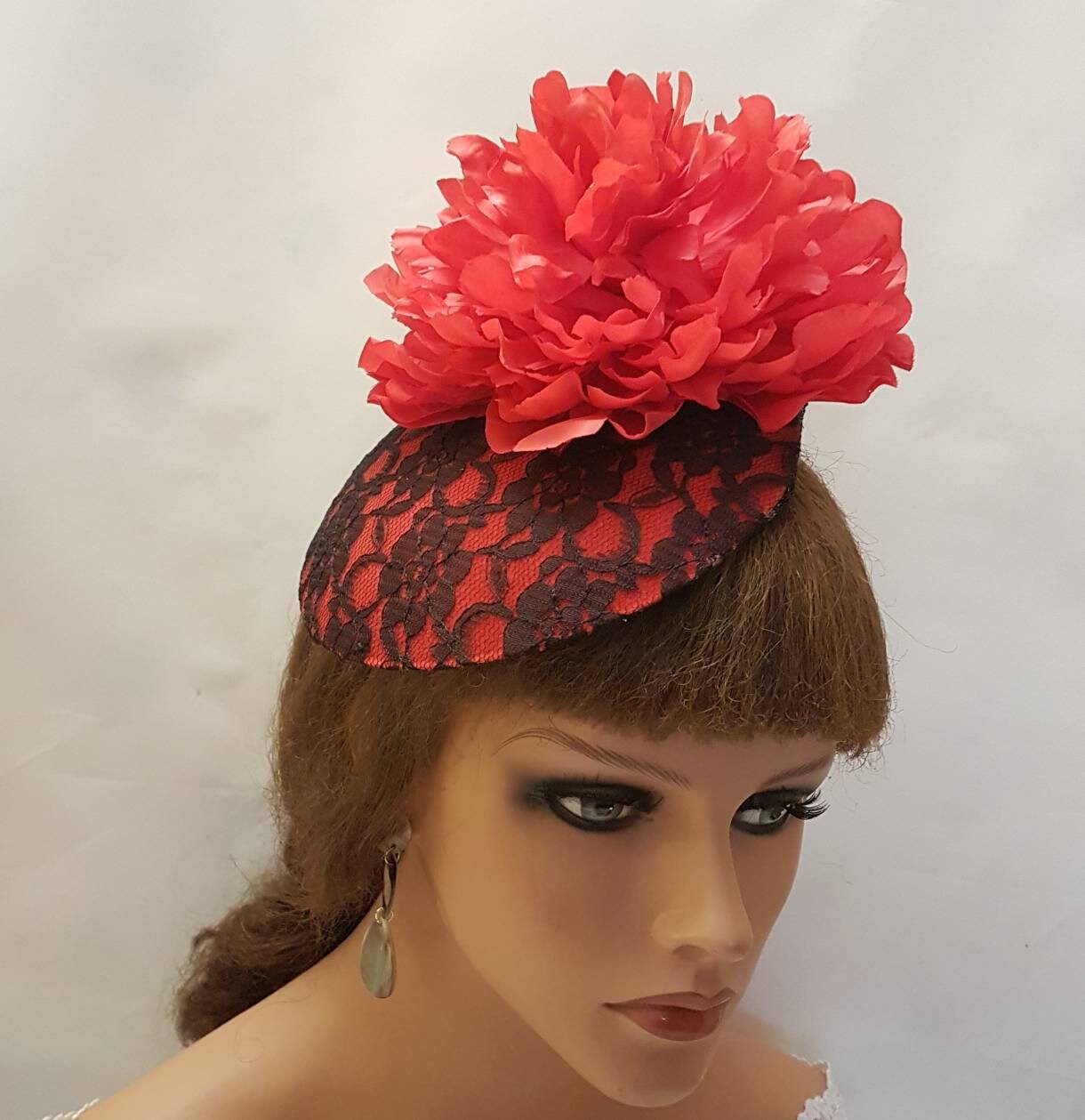 Red & Black Lace Fascinator Hat: Wedding Ascot Hatinator