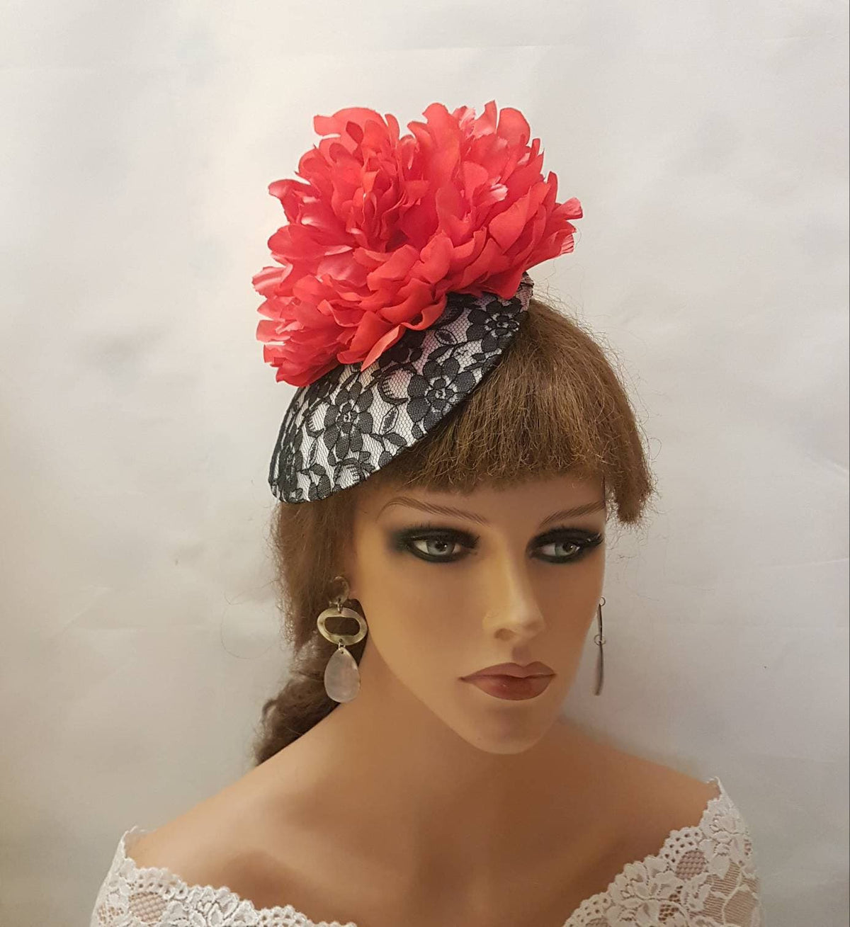 Red Peony Fascinator: Black Lace Ascot Hat