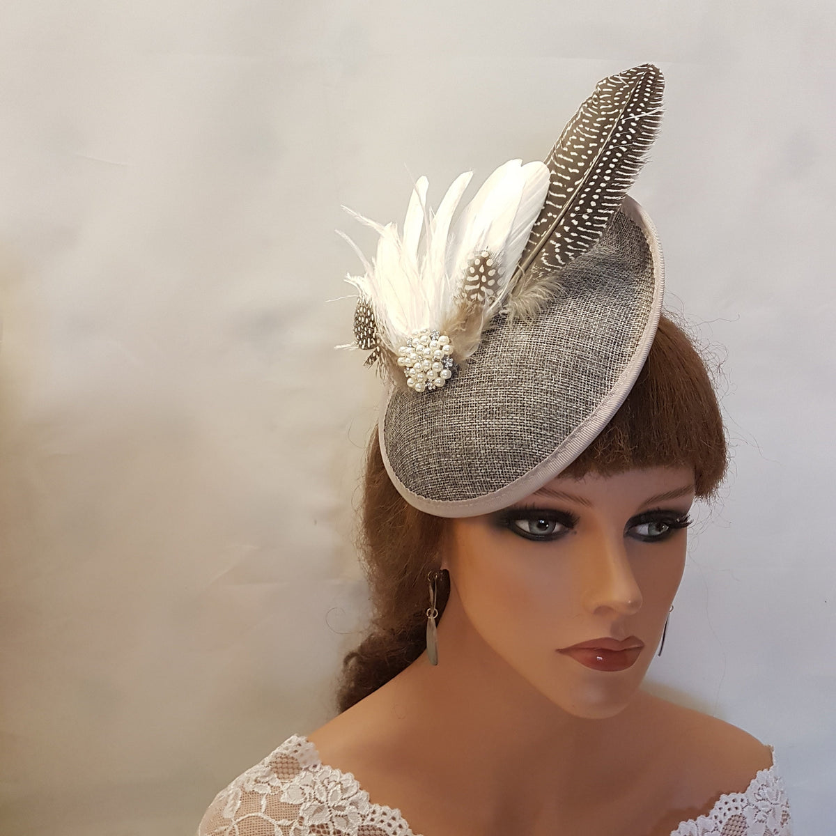 Dark Grey Feather Fascinator Hat: Vintage Wedding Ascot Headpiece