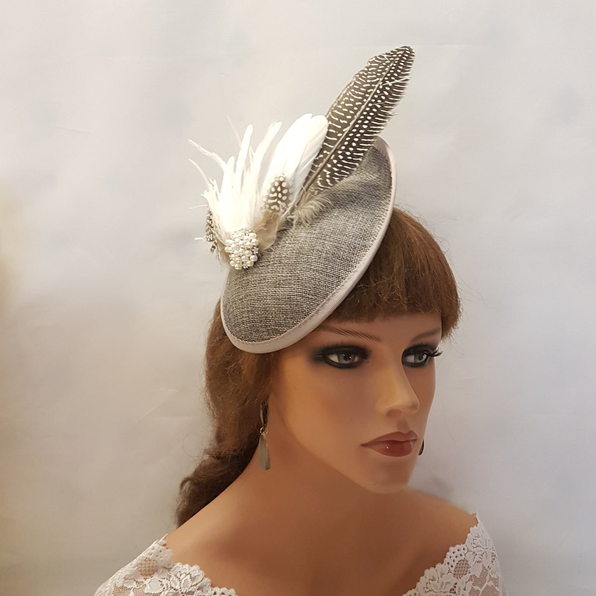 Dark Grey Feather Fascinator Hat: Vintage Wedding Ascot Headpiece