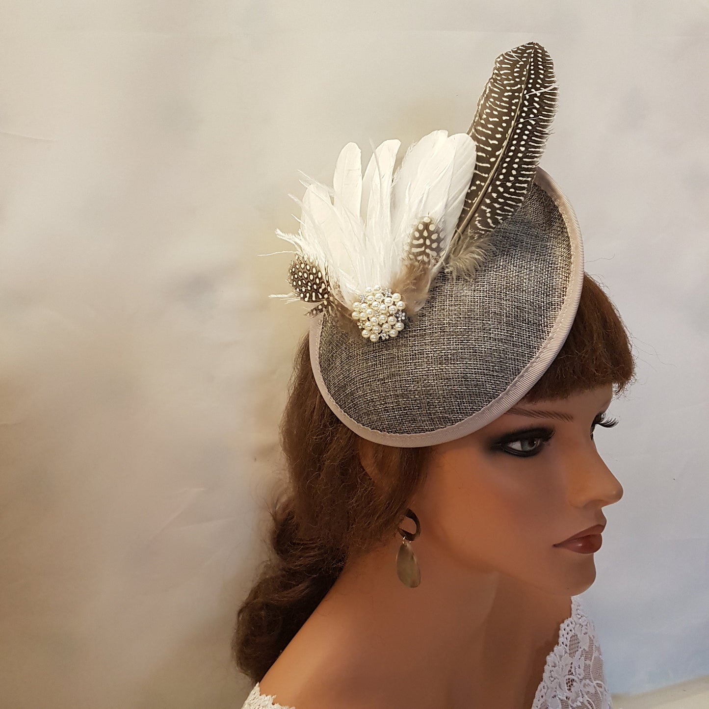 Dark Grey Feather Fascinator Hat: Vintage Wedding Ascot Headpiece