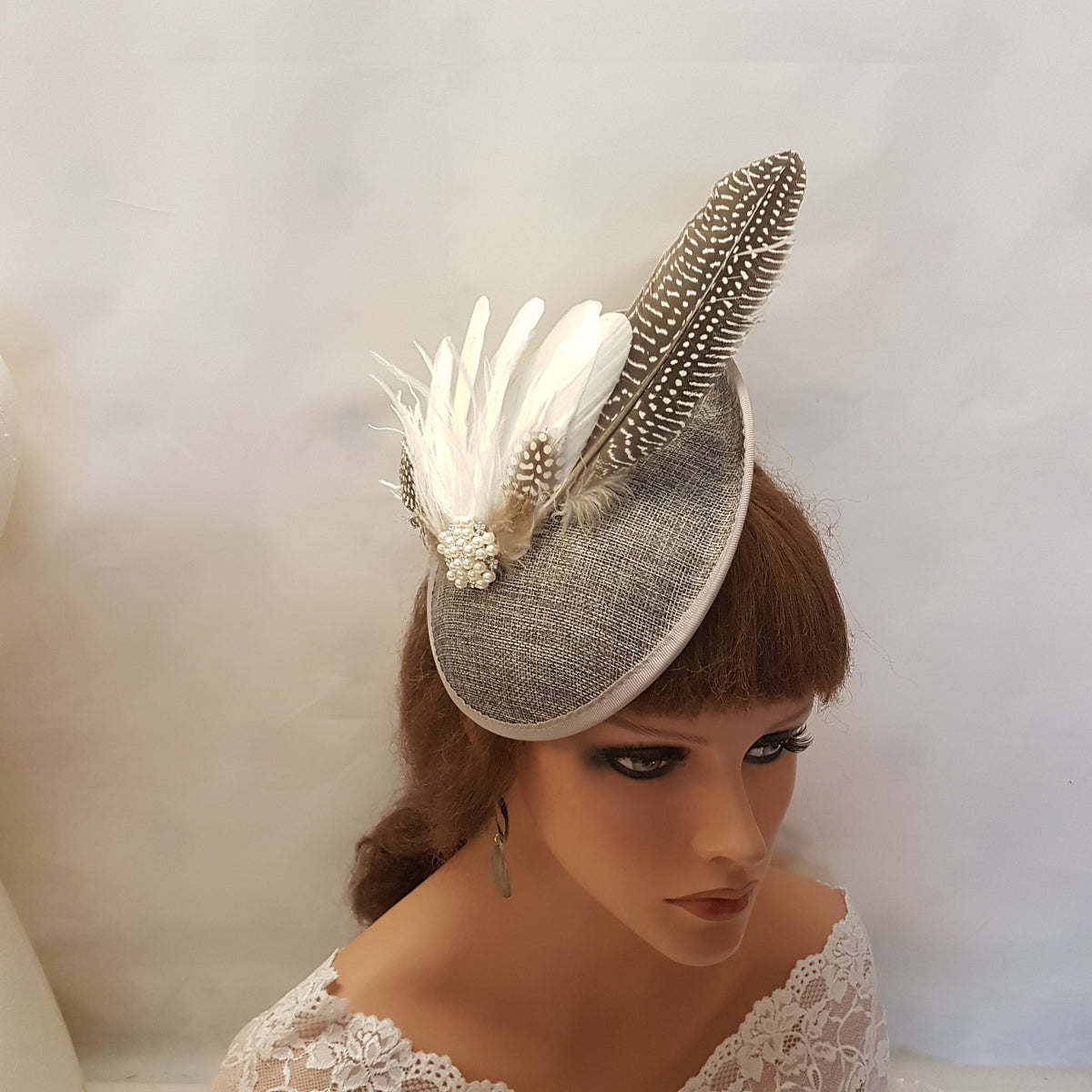 Dark Grey Feather Fascinator Hat: Vintage Wedding Ascot Headpiece