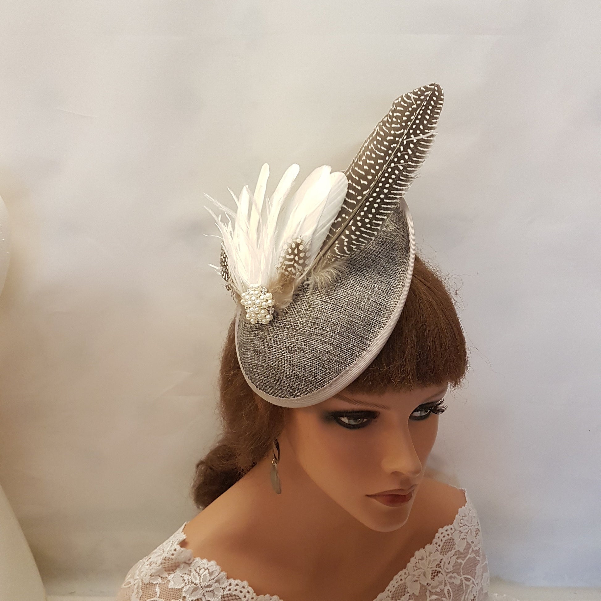Dark Grey Feather Fascinator Hat: Vintage Wedding Ascot Headpiece