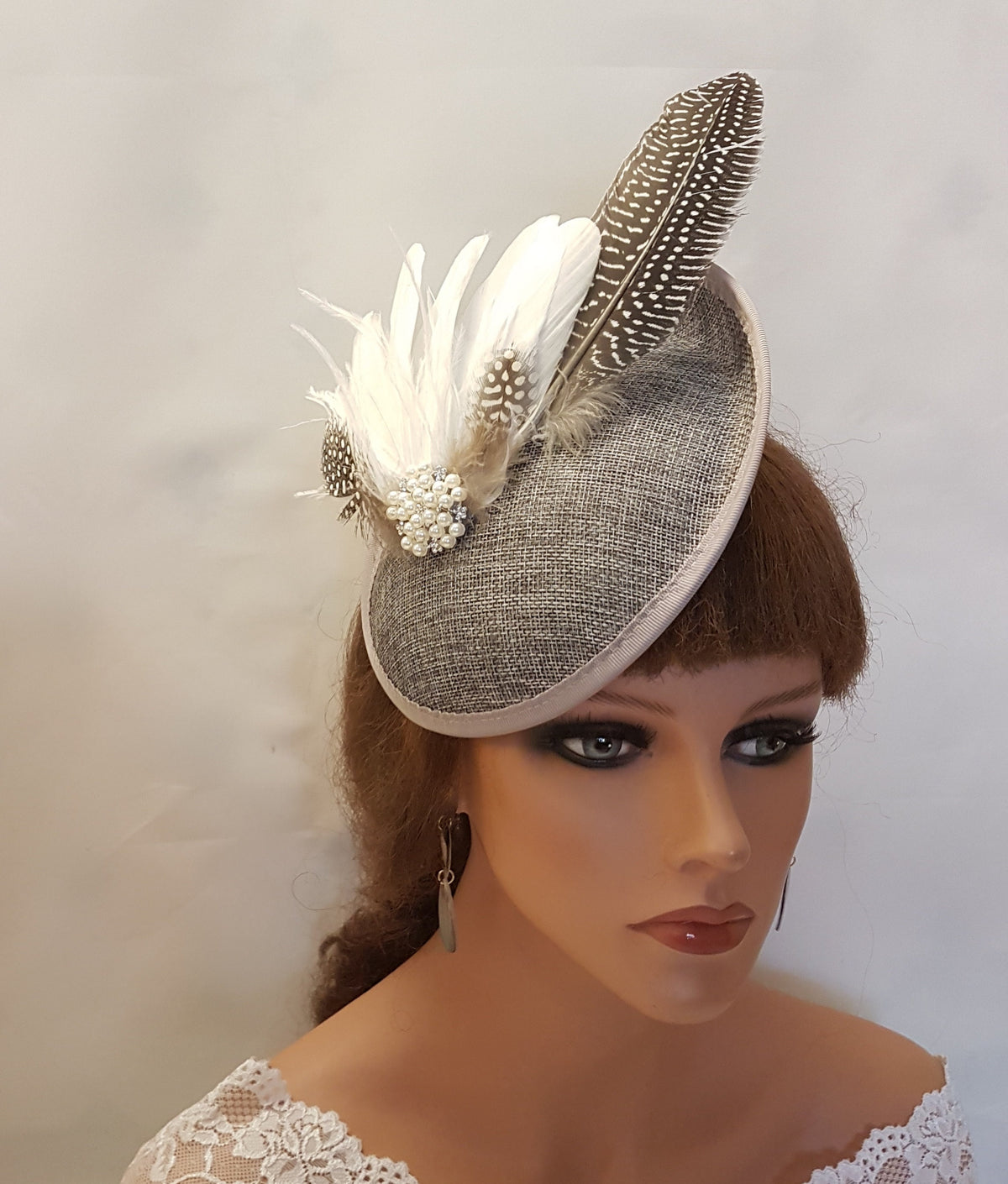 Dark Grey Feather Fascinator Hat: Vintage Wedding Ascot Headpiece