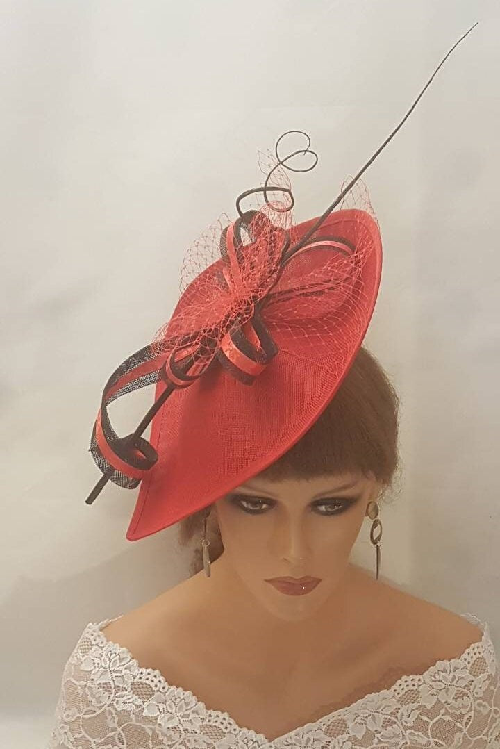 RED & Black   Fascinator Hat with Black Long quill feather and netting detail.  Hair accessory Wedding, Ceremoney, Kentucky Derby,Ascot Race,Cocktail party hat-EleganceHatinator
