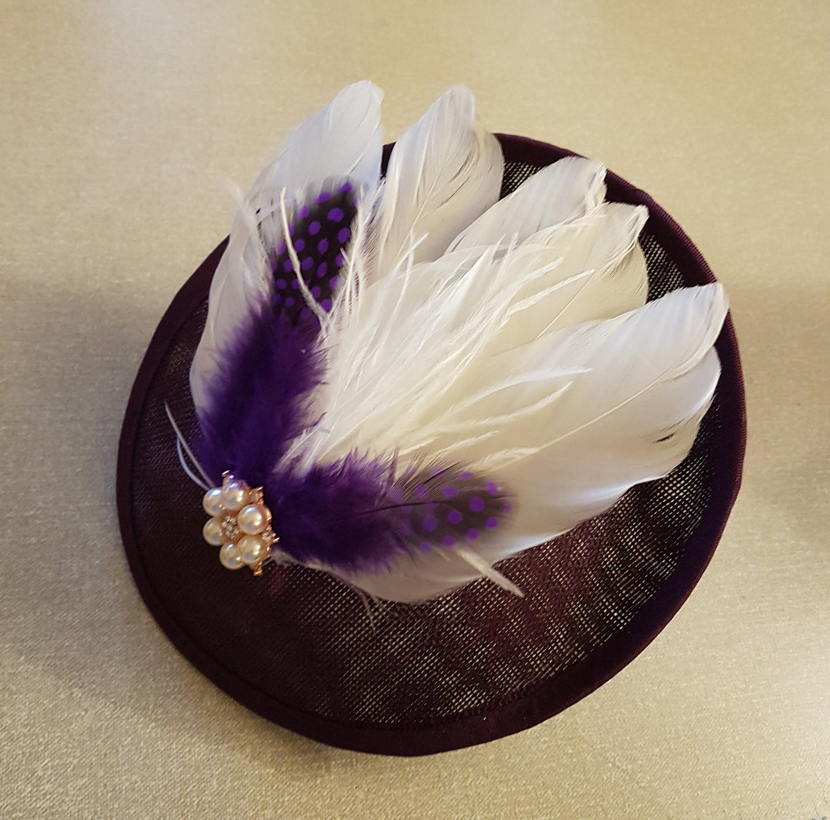 Handmade Feather Fascinator Hat: Pearl Flower, Wedding Occasion Headpiece