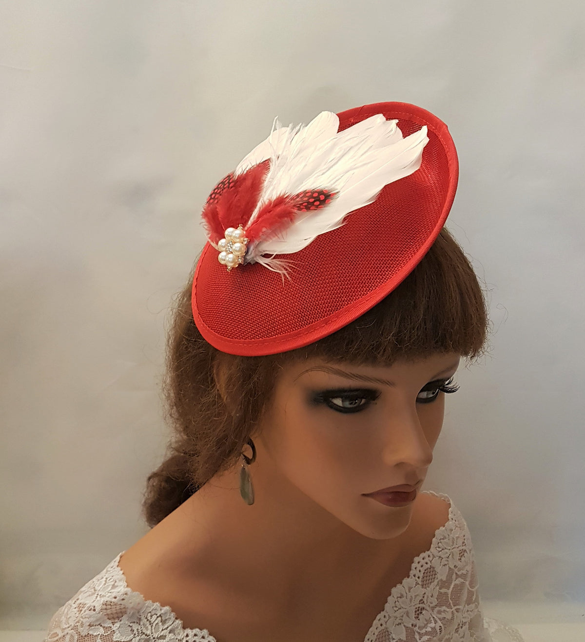 Red Feather Fascinator Hat: Vintage Style Wedding Ascot Headpiece
