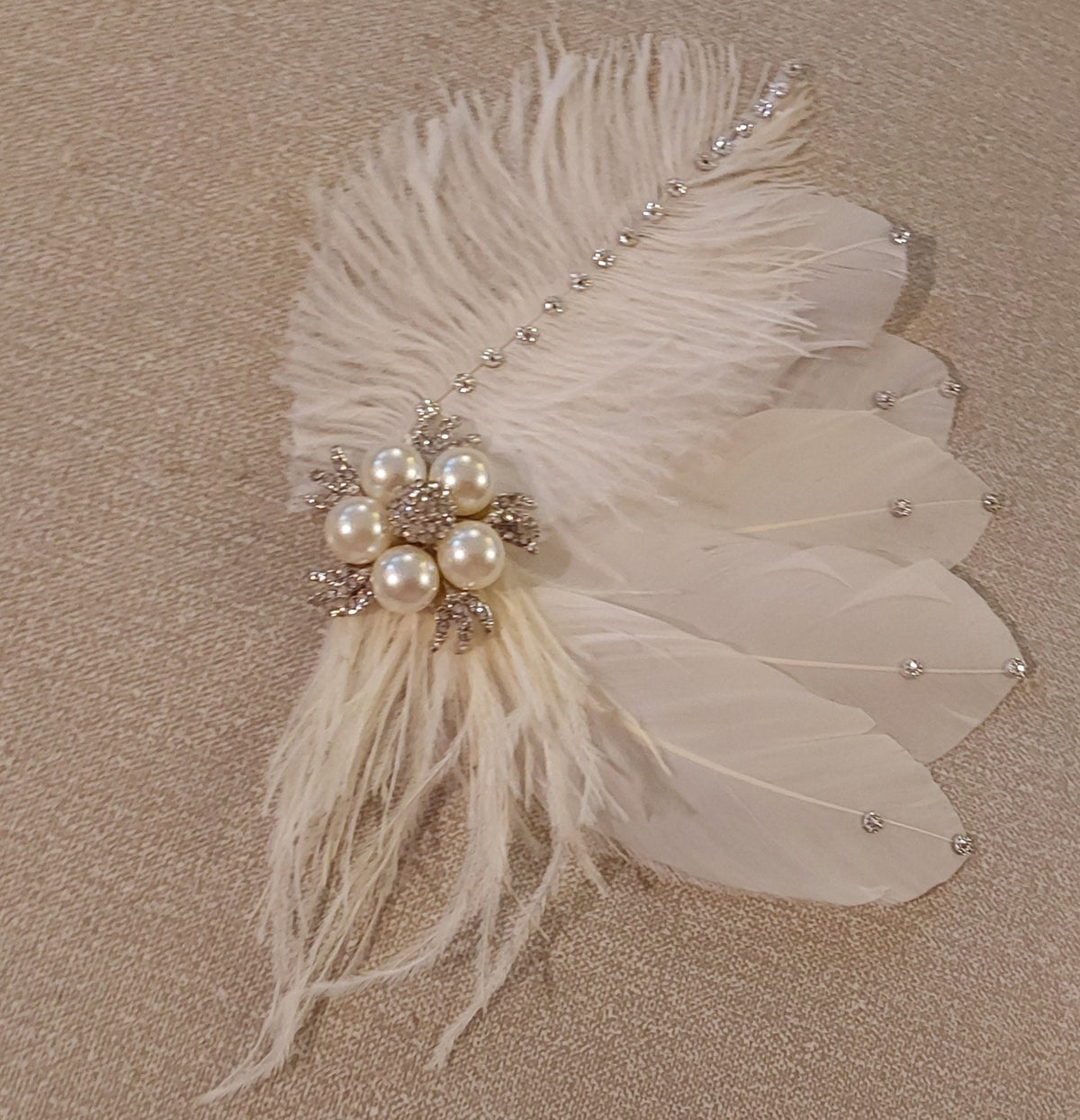 Bridal Feather Fascinator: Ivory Pearl Crystal Hair Clip