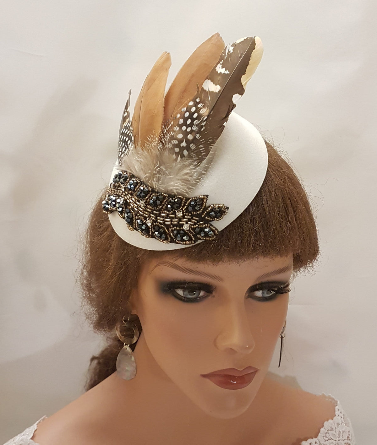 White Feather Fascinator: Crystal Beaded Ascot Hat