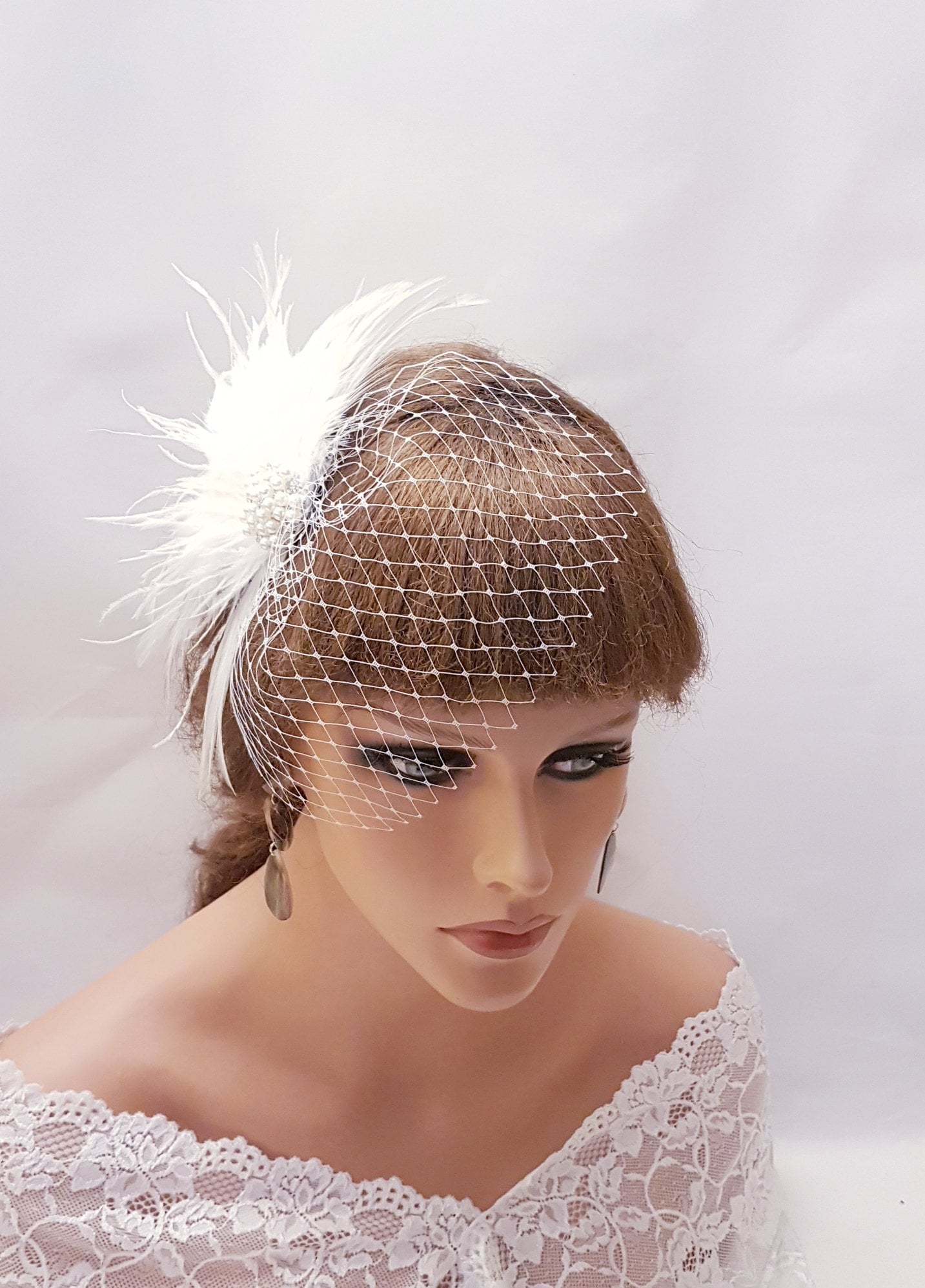 Bridal Feather Fascinator: Ivory Mini Veil, Crystal Hair Clip