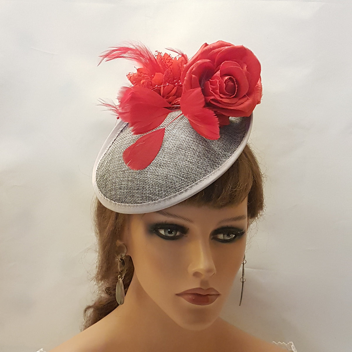 Grey & Red Fascinator: Feather Flower Hat for Ascot Races