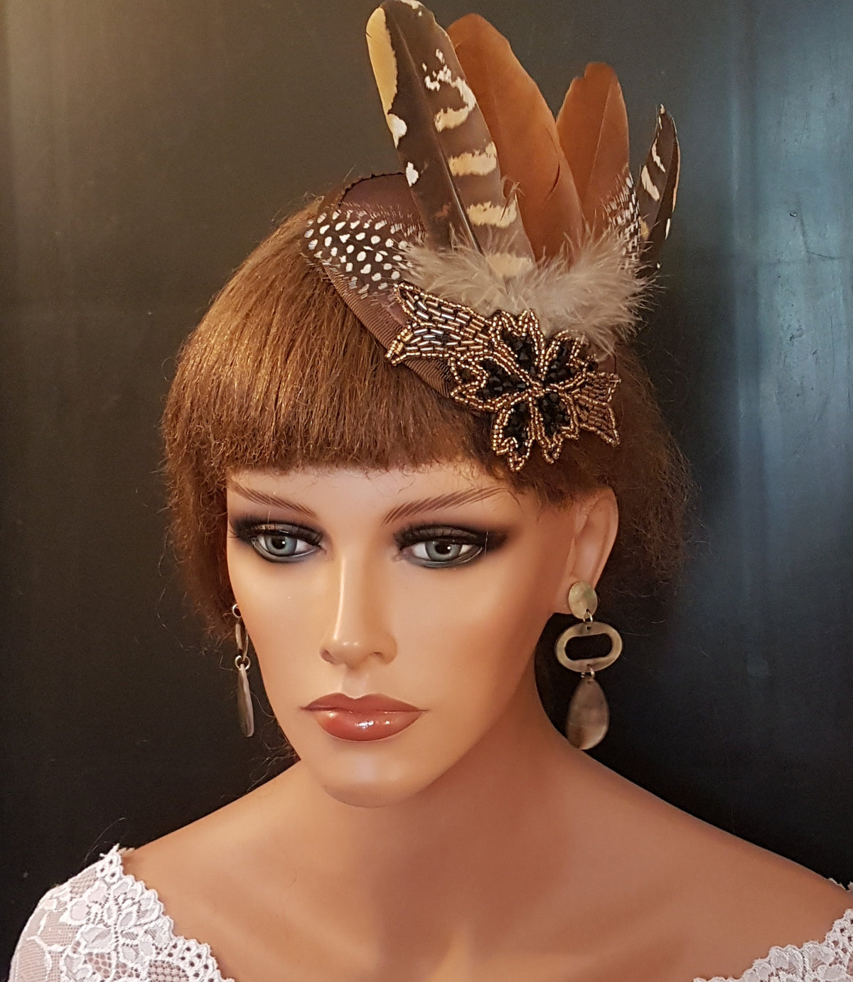 Brown Feather hat Fascinator: Crystal Beaded Hat Ascot ,Races, wedding,Gatsby party headpiece