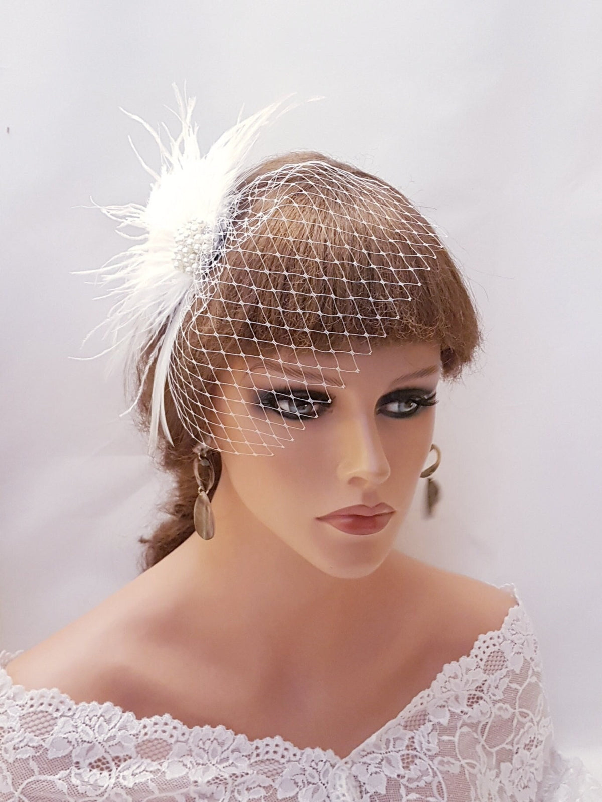 Bridal Feather Fascinator: Ivory Mini Veil, Crystal Hair Clip