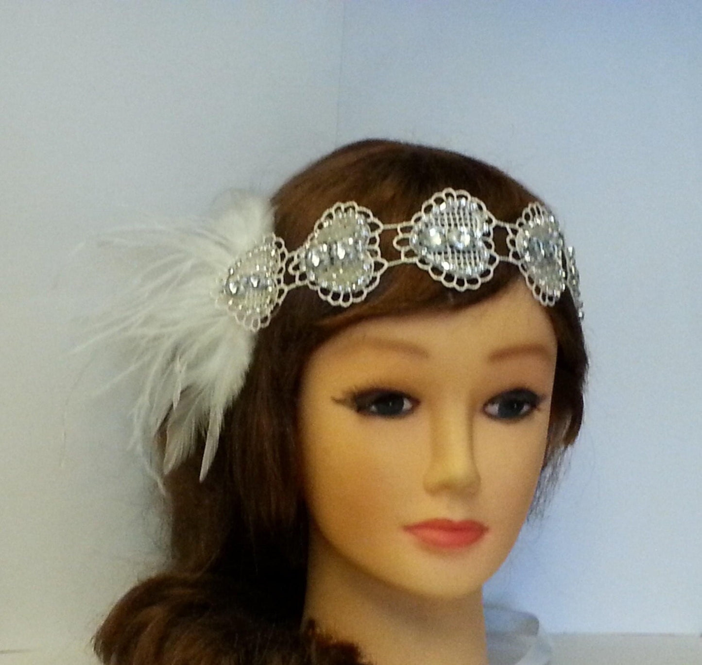 1920s Flapper Gatsby Headband bridal Headpiece, 1920s 40s sparkly Crystal Beaded Gatsby Headband, Black or White Feather crystal fascinator