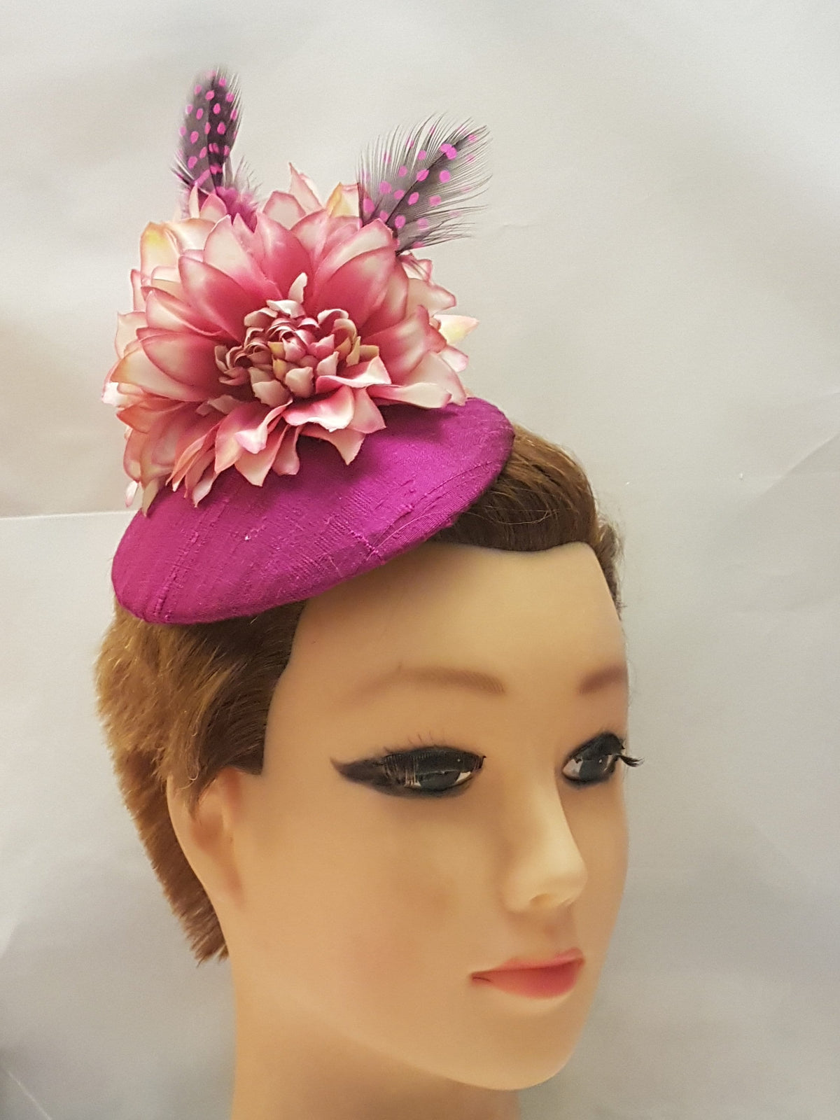 Magenta Raw Silk Fascinator: Feather Flower Ascot Hat