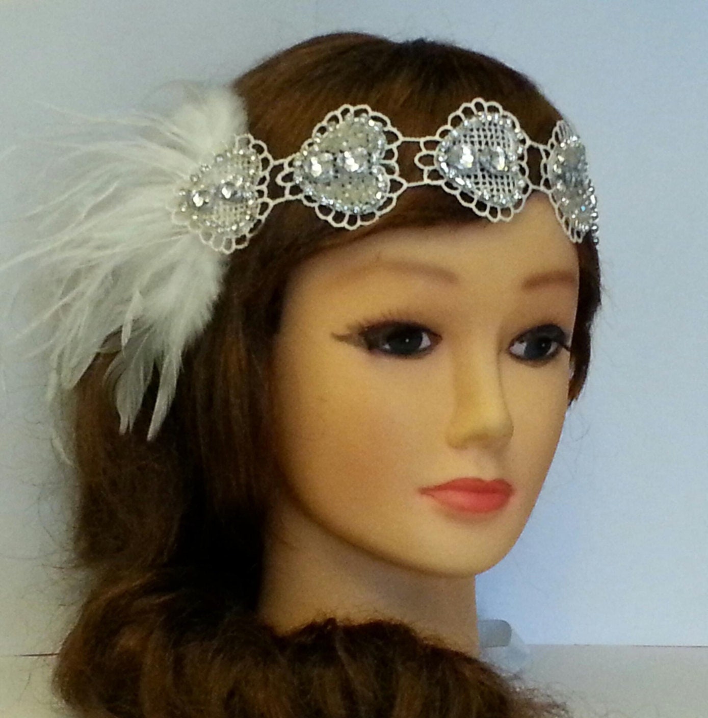 1920s Flapper Gatsby Headband bridal Headpiece, 1920s 40s sparkly Crystal Beaded Gatsby Headband, Black or White Feather crystal fascinator