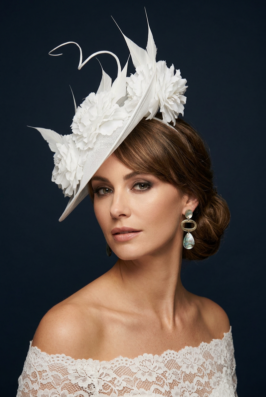 White  Fascinator Hat: Teardrop Floral Feather hat Ascot ,Wedding, race,party Headpiece