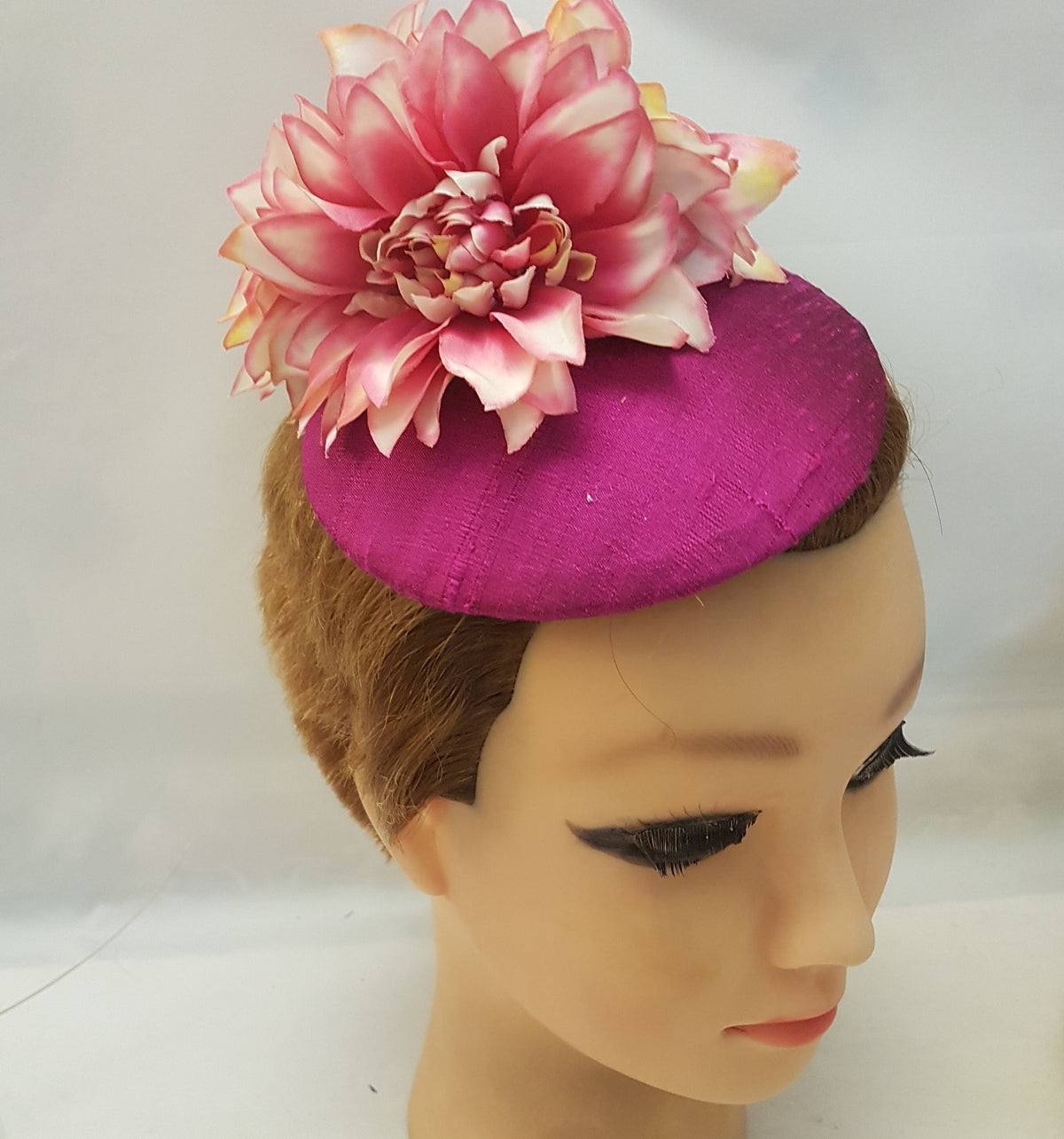 Magenta Raw Silk Fascinator: Feather Flower Ascot Hat
