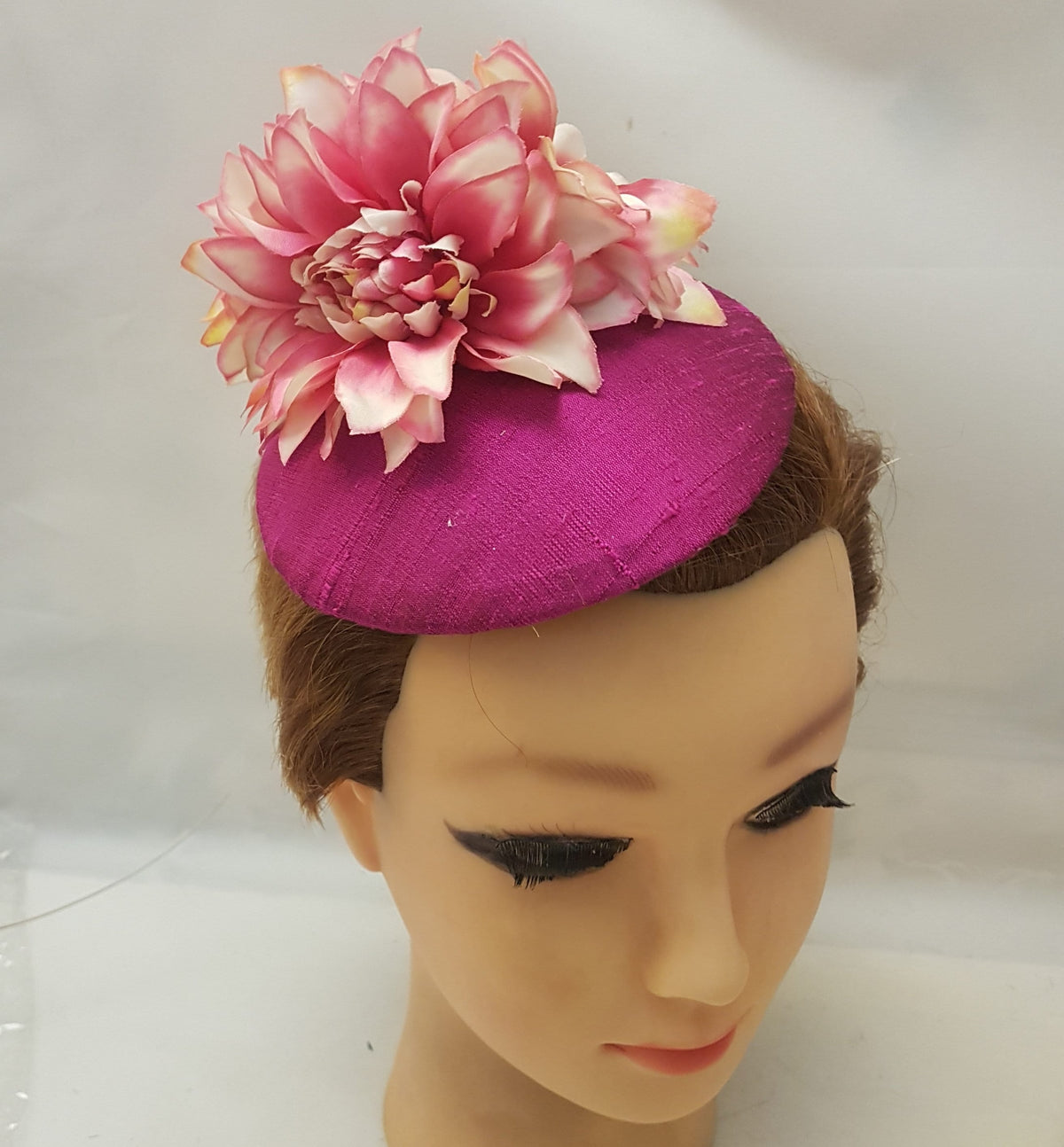 Magenta Raw Silk Fascinator: Feather Flower Ascot Hat