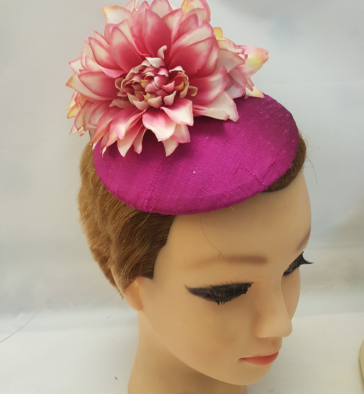 Magenta Raw Silk Fascinator: Feather Flower Ascot Hat